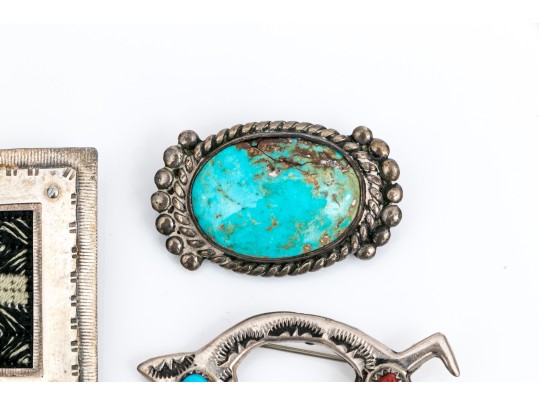 Sterling Silver, 800 Silver And Silver Plate Collection Of Southwestern Motif Jewelry Pieces