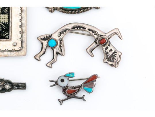 Sterling Silver, 800 Silver And Silver Plate Collection Of Southwestern Motif Jewelry Pieces