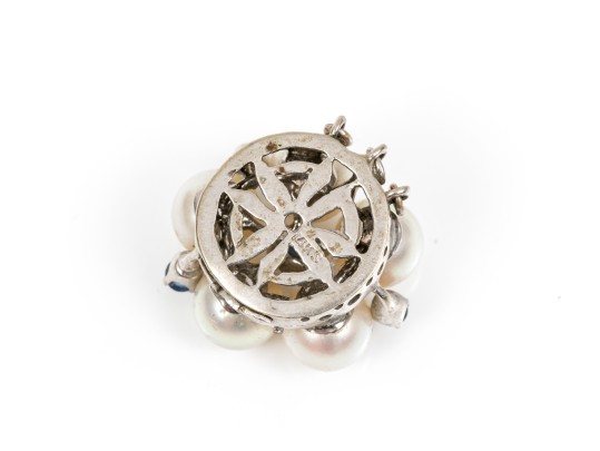 14k White Gold Vintage 6.5mm Cultured Pearl And Sapphire Cluster Half Bead Clasp