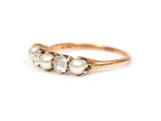 14k Pretty Antique Cultured Pearl And Diamond Band Ring, Size 5.25+, App. 0.16 TCW