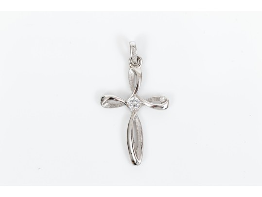 14k White Gold Pretty Contemporary Swirled Cross, White Sapphire Center