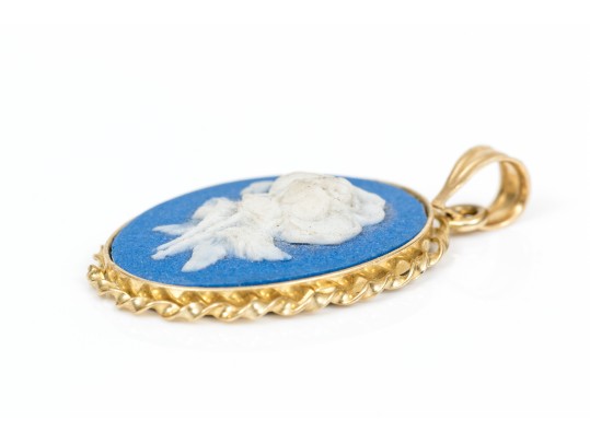 14k Yellow Gold Retro Blue Wedgewood Style Rose Motif Pendant, See Note