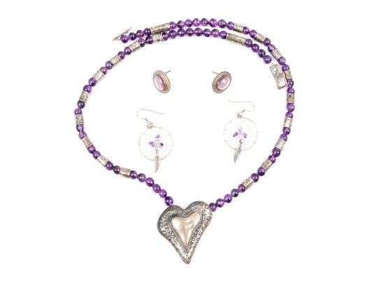 Fun Collection Of Purple Motif Jewelry Including An Amethyst Bead Necklace