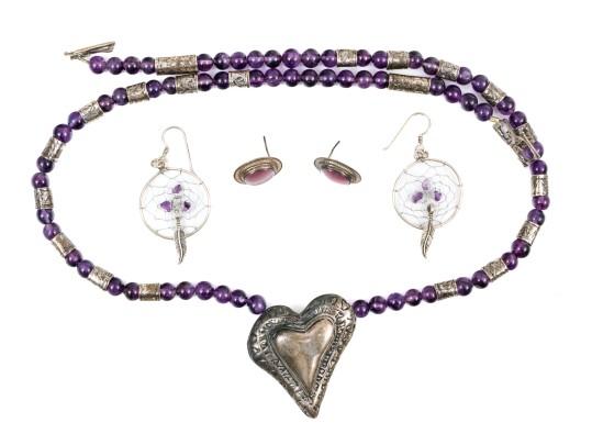 Fun Collection Of Purple Motif Jewelry Including An Amethyst Bead Necklace