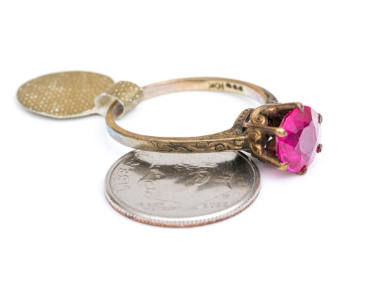 10k Handsome Vintage Patterned Solitaire Mounting, Set With A Synthetic Ruby, Size 7.5