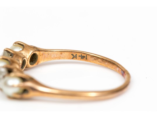 14k Pretty Antique Cultured Pearl And Diamond Band Ring, Size 5.25+, App. 0.16 TCW