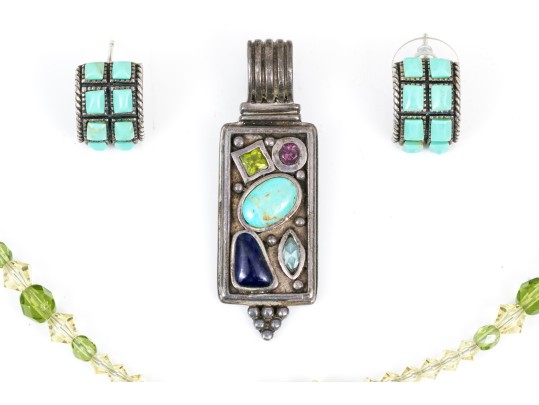 Sterling Silver Colorful Collection Of Contemporary Glass Jewelry, With Complementary Bead Necklace