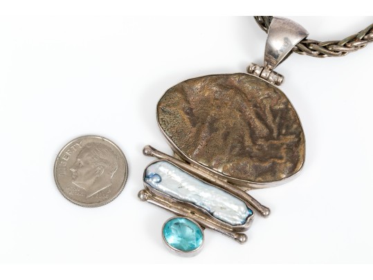 Sterling Silver Beautiful Glass, Cultured Freshwater Pearl Contemporary Necklace, On A Wheat Chain