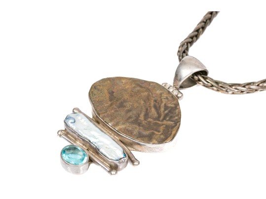 Sterling Silver Beautiful Glass, Cultured Freshwater Pearl Contemporary Necklace, On A Wheat Chain