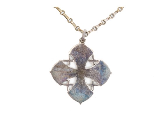 Sterling Silver Large Jeruselum Cross Pendant, Displayed On A Hand Wrought Chain