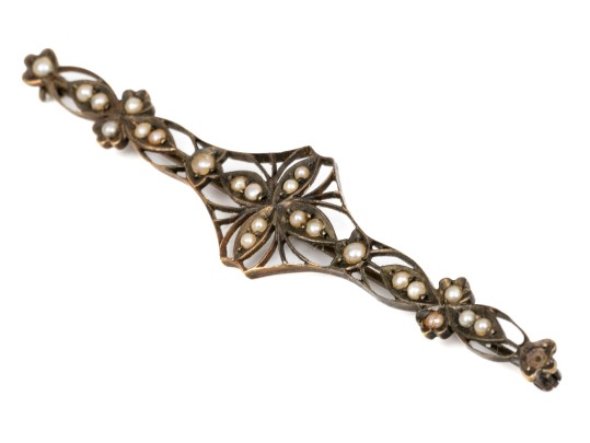 14k Gold Pretty Antique Filigree And Seed Pearl Bar Pin