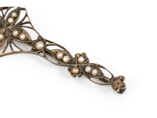 14k Gold Pretty Antique Filigree And Seed Pearl Bar Pin