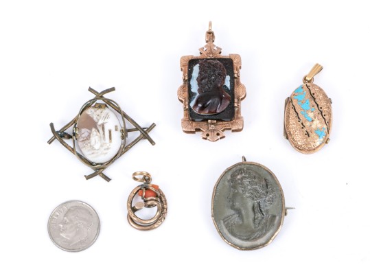 Lot Of Gold Filled Assorted Vintage Pendants, Brooches And Watch Fob