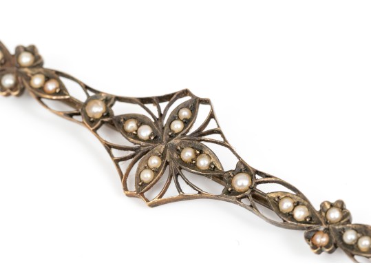 14k Gold Pretty Antique Filigree And Seed Pearl Bar Pin