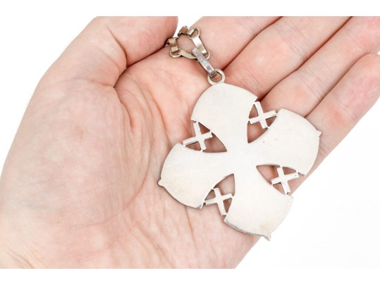 Sterling Silver Large Jeruselum Cross Pendant, Displayed On A Hand Wrought Chain