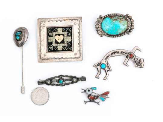 Sterling Silver, 800 Silver And Silver Plate Collection Of Southwestern Motif Jewelry Pieces