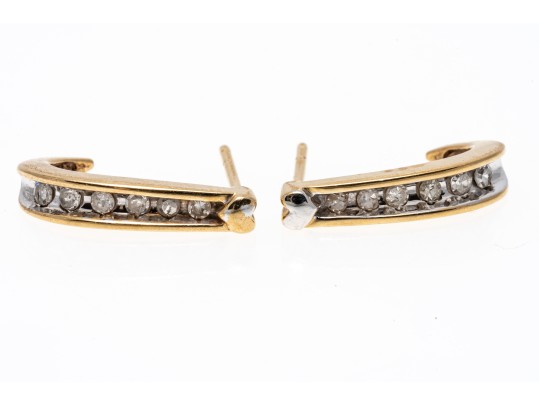A Classic Pair Of 14K & Diamond J-Hoop Style Earrings
