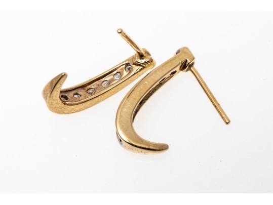 A Classic Pair Of 14K & Diamond J-Hoop Style Earrings