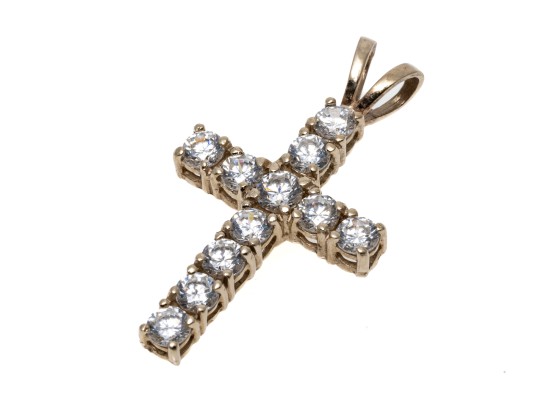 A 14K Yellow Gold Crucifix Pendant Set With CZ Stones