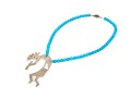 Sterling Silver Impactful Large Kokopeli Pendant, Displayed On A Blue Glass Bead Necklace