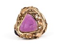 14k Gold Vintage Chunky Purple Glass Foliate Border Ring, Size 5.75