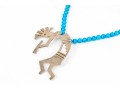 Sterling Silver Impactful Large Kokopeli Pendant, Displayed On A Blue Glass Bead Necklace