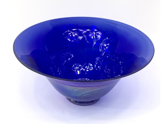Cobalt Blue Pulled Feather Art Glass Bowl