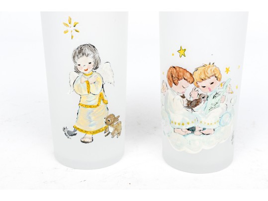 Set Of 10 Vintage Paint Decorated Christmas Theme Glasses