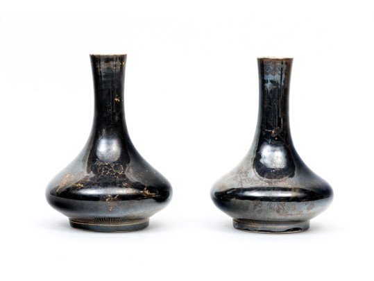 Antique Qing Dynasty Chinese Pair Of Glazed And Gilt Finished Porcelain Bottle Vases