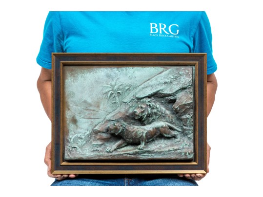 Vintage High Relief Bronze Plaque, Lions In A Landscape