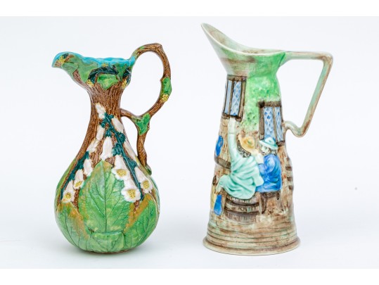 Collection Of 2 English Hand Painted Polychrome Finished Ceramic Water Pitchers
