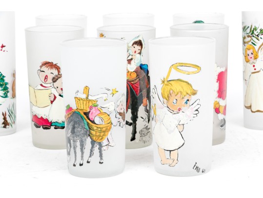 Set Of 10 Vintage Paint Decorated Christmas Theme Glasses