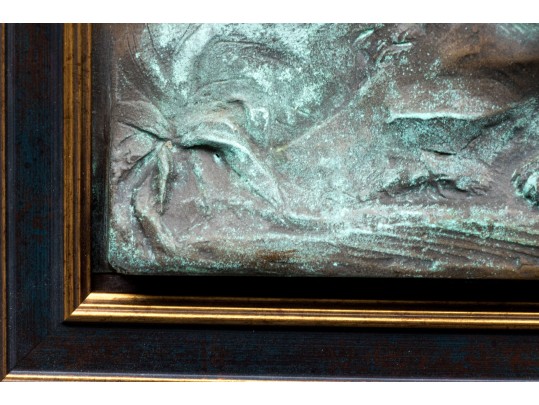 Vintage High Relief Bronze Plaque, Lions In A Landscape