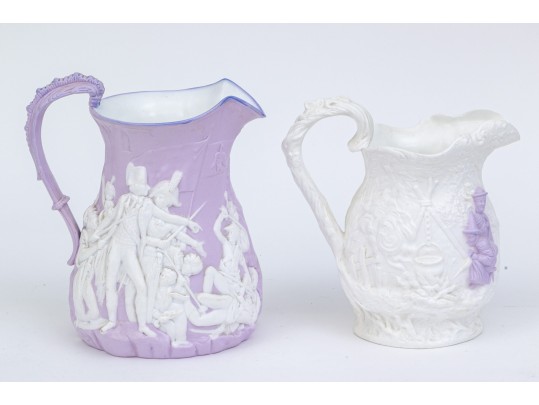 Two Antique English Earthenware Relief Pitchers