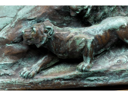 Vintage High Relief Bronze Plaque, Lions In A Landscape