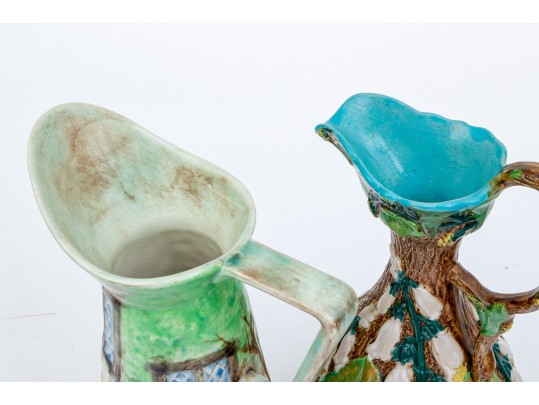 Collection Of 2 English Hand Painted Polychrome Finished Ceramic Water Pitchers