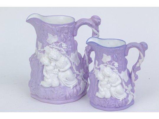 Set Of 2 Antique, English Samuel Alcock & Co. Parian Lilac Ground Water Pitchers