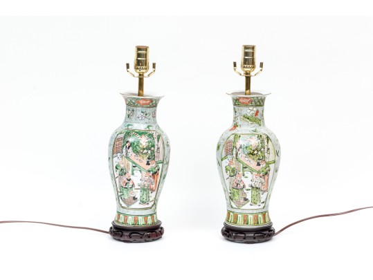 Pair Of Chinese Famille Verte Porcelain Vases, Mounted As Table Lamps