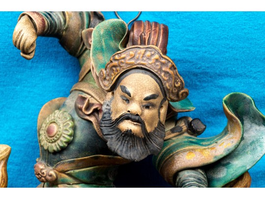Vintage Chinese Sancai Glazed Figural Pottery Roof Tiles, Ca. 1935