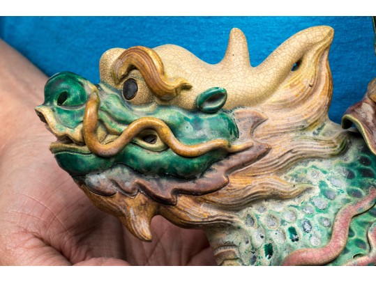 Vintage Chinese Sancai Glazed Figural Pottery Roof Tiles, Ca. 1935
