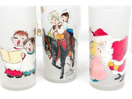 Set Of 10 Vintage Paint Decorated Christmas Theme Glasses