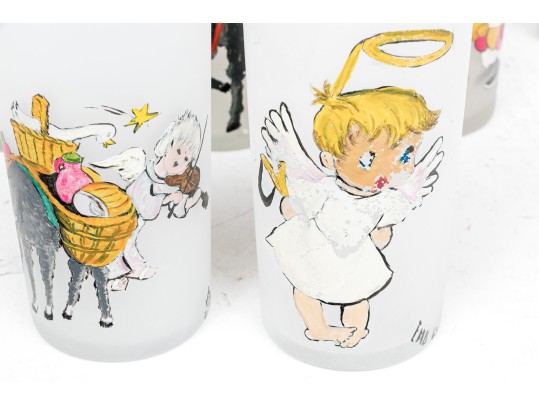 Set Of 10 Vintage Paint Decorated Christmas Theme Glasses