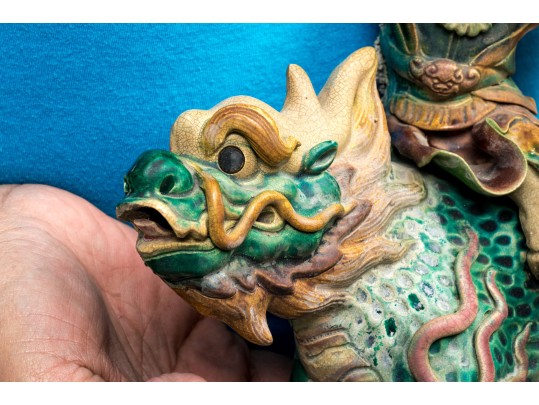Vintage Chinese Sancai Glazed Figural Pottery Roof Tiles, Ca. 1935