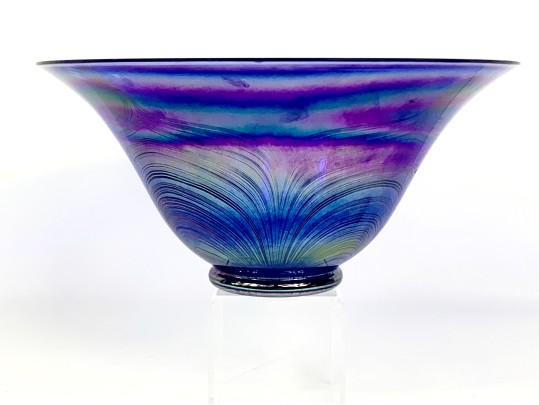 Cobalt Blue Pulled Feather Art Glass Bowl