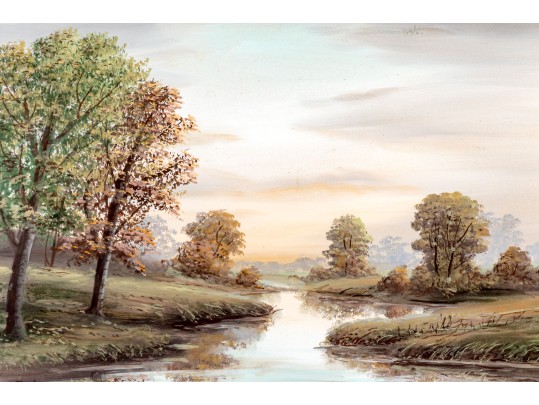 Allen Fontaine (American, 1861-1962) Watercolor, River Landscape At Dawn
