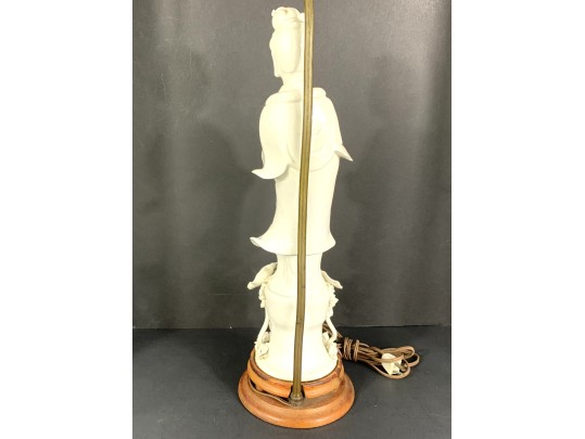 Unusual Vintage Signed Chinese Porcelain Guanyin Blanc De Chine Figure Mounted As A Lamp