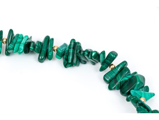 Stately Malachite And 14K Beaded Strung Necklace