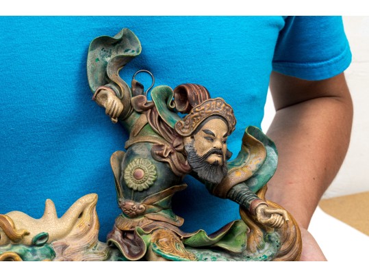 Vintage Chinese Sancai Glazed Figural Pottery Roof Tiles, Ca. 1935