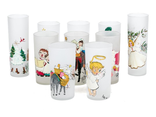 Set Of 10 Vintage Paint Decorated Christmas Theme Glasses