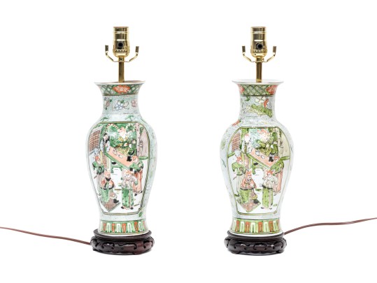 Pair Of Chinese Famille Verte Porcelain Vases, Mounted As Table Lamps